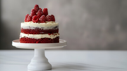 Wall Mural - On the table sits a beautifully decorated red velvet cake, with cream cheese frosting and a few raspberries on top. The background is simple, with a light grey wall and a subtle shadow to highlight th