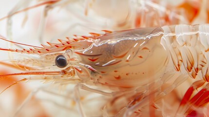 Wall Mural - Macro shot of a raw shrimp, intricate patterns and translucent flesh, soft light, detailed and fresh.