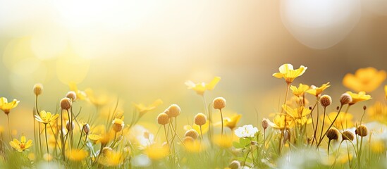 Wall Mural - Yellow summer wildflowers reaching for the sun. Creative banner. Copyspace image