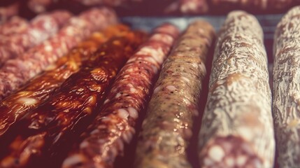 Canvas Print - Close-up of a row of sausages, varied textures and natural casings, soft light, detailed and artisanal. 