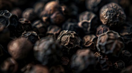 Poster - Macro shot of whole black peppercorns, rough textures and dark hues, soft ambient light, detailed and pungent. 