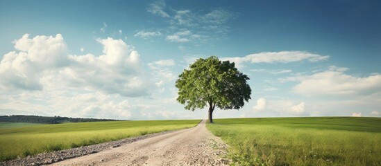 Poster - Tree in a field by the road. Creative banner. Copyspace image