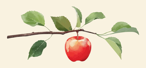A shiny red apple hanging from a tree branch. Vector flat minimalistic isolated illustration.