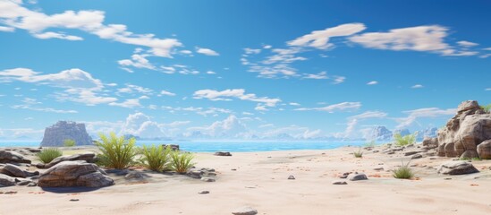 Wall Mural - Sunny day at the beach desert The sky water rocks trees. Creative banner. Copyspace image
