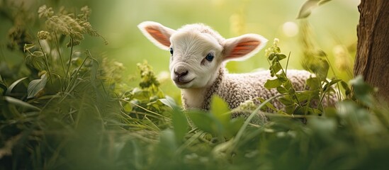 Wall Mural - baby sheep lamb grazing the grass and leafs. Creative banner. Copyspace image