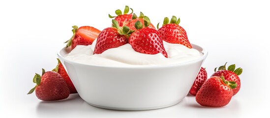 Poster - Yogurt with fresh strawberries in a bowl isolated on white background. Creative banner. Copyspace image
