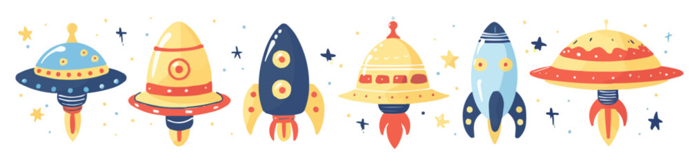 Toy UFOs on a white background. Vector flat minimalistic isolated illustration.