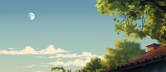 Wall Mural - Moon over the roof of a house with green leaves on a sunny day. Creative banner. Copyspace image