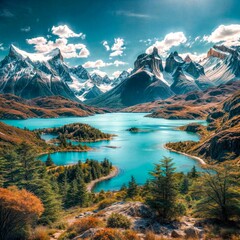 Wall Mural - Scenic Lake with Snow-Capped Mountains
