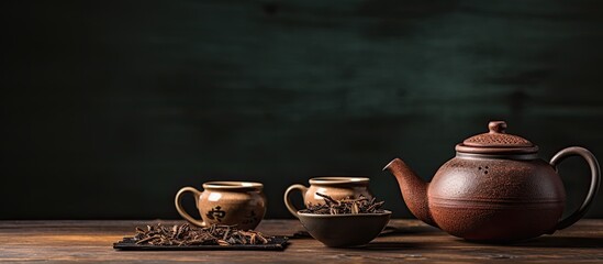 Wall Mural - Chinese tea Cup Tea Pot Drink Pottery Table Traditional Chinese Medicine Tcm. Creative banner. Copyspace image