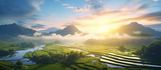 The sky and the rice fields when the sun sets. Creative banner. Copyspace image