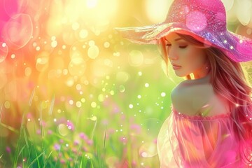 Sticker - A woman wearing a pink hat standing in a field of colorful flowers, great for spring or garden themed designs