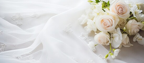 Poster - Elegant wedding bouquet on white fabric. Creative banner. Copyspace image