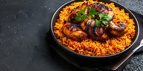 Wall Mural - Savor traditional West African Jollof rice and grilled chicken for a taste adventure. Concept West African Cuisine, Jollof Rice, Grilled Chicken, Culinary Adventure, Traditional Flavors