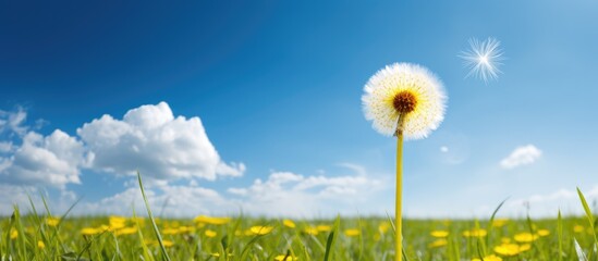 Wall Mural - one yellow dandelion in meadow with blue sky and cloud. creative banner. copyspace image