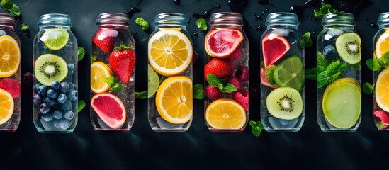 Wall Mural - fruit and herbs infused sassi water for detox healthy eating in bottles Top view Healthy food drinks fitness healthy nutrition diet concept. Creative banner. Copyspace image