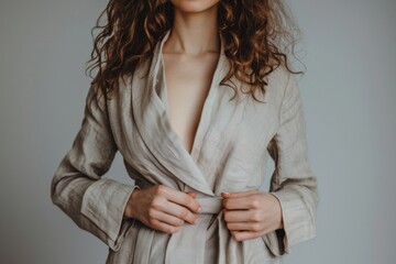 A woman poses in a robe, ready for her close-up