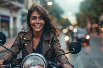 Wall Mural - Young Woman Riding Motorcycle on City Street at Dusk