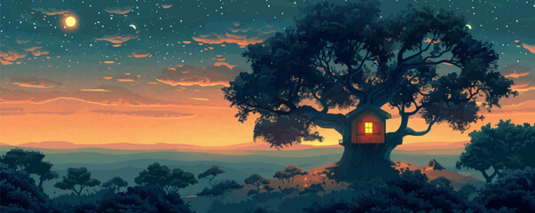Wall Mural - a mystical treehouse nestled high among the branches of an ancient oak tree. vector flat minimalisti