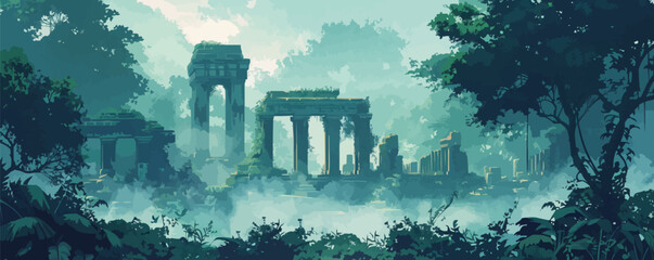 Ancient temple ruins hidden in dense jungle Vector flat minimalistic isolated illustration