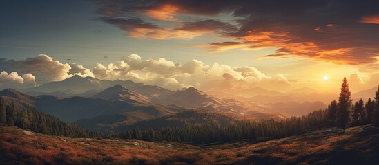 Wall Mural - Sunset Mountain Sky with Trees and Clouds. Creative banner. Copyspace image