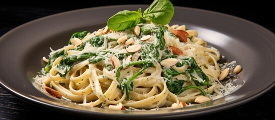 Aufkleber - Homemade pasta with spinach parmesan cheesse and almonds. Creative banner. Copyspace image