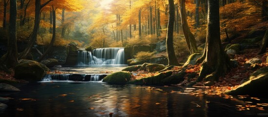 Poster - Beautiful waterfall in autumn forest soft water of the stream in the natural park. Creative banner. Copyspace image