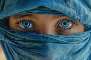 Wall Mural - A close-up portrait of a person with striking blue eyes, suitable for use in editorial or commercial contexts