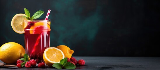 Aufkleber - fresh fruit juice with a slice of lemon and mint glass cup and red beverage. Creative banner. Copyspace image