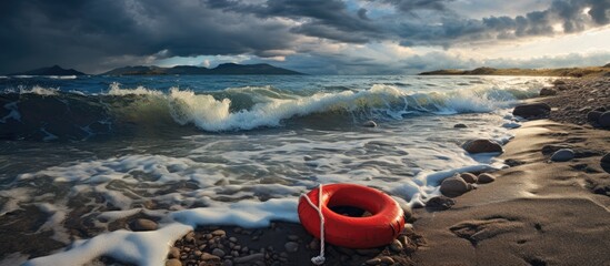Poster - Storm on the Black Sea coast Deserted Crimean beach and red life buoy Translation throw to a drowning man. Creative banner. Copyspace image