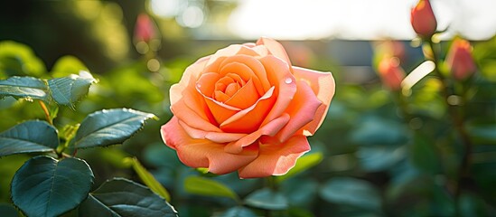 Poster - Pink orange color rose in the garden Green leaves with blossom Close up of the blooming flower. Creative banner. Copyspace image