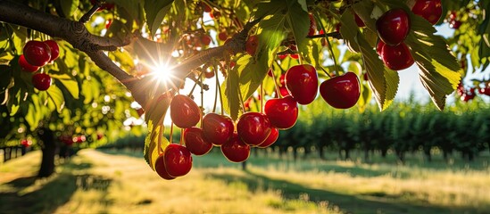 Wall Mural - Cherry fruit ripening on trees in the summer sun Fruit orchard industrial cultivation. Creative banner. Copyspace image