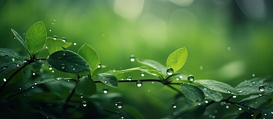 Aufkleber - Water droplets on the green leaves. Creative banner. Copyspace image