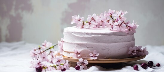 Poster - Homemade cherry cake with cream mascarpone on a light background and a bouquet of cherry flowers and lilacs Vertical. Creative banner. Copyspace image