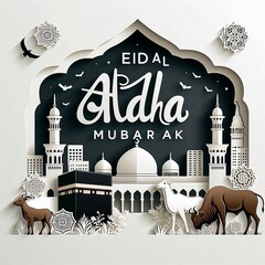 Wall Mural - Eid Al-Adha Mubarak background vector illustration style. Cow, goat and camel silhouette with 3D Modern lanterns islamic festival of sacrifice, eid-al-adha mubarak created with generative ai