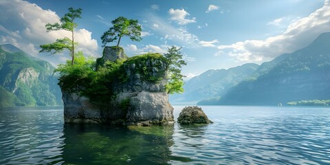 Wall Mural - Castle rock in water with mountain and sky background serene and picturesque. Concept Nature, Landscapes, Mountains, Lakes, Scenic Beauty