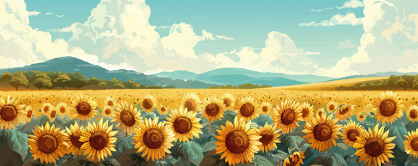 Canvas Print - A radiant sunflower field stretching to the horizon. Vector flat minimalistic isolated illustration.