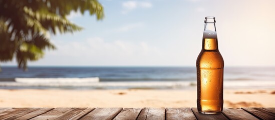 Poster - Opened bottle of beer with condensation on the wooden table Blurred sparkling sea at the background Summer vibes. Creative banner. Copyspace image