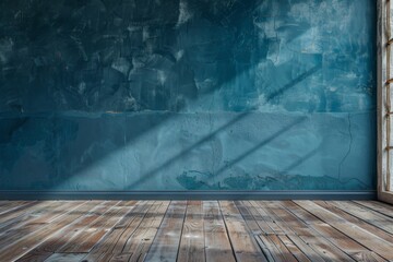 Wall Mural - Rustic Wooden Floor with Blue Wall and Light Shadows