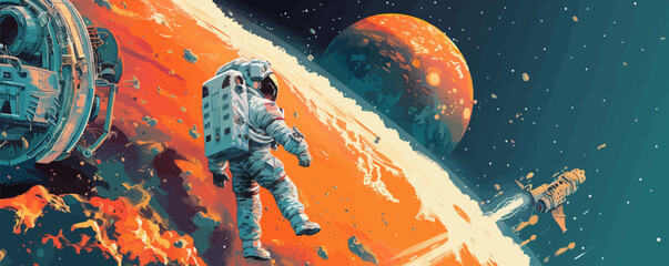 astronaut swimming in open space near a space station. vector flat minimalistic isolated illustratio