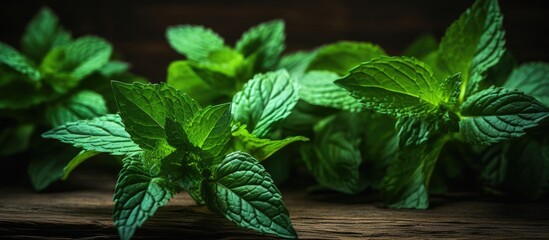 Wall Mural - mint on a dark wood background toning selective focus to the middle leaves of mint. Creative banner. Copyspace image