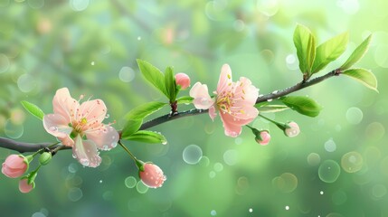 Wall Mural - A thin peach blossom branch hanging in the air, with two flowers, two buds, and two to three small green leaves on the branch.