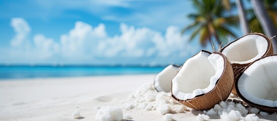 Wall Mural - Dried coconut on the sandy background. Creative banner. Copyspace image