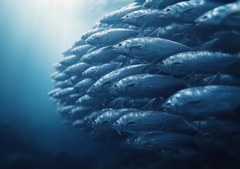 A wide view in ocean with a school of sardines shaped like a sphere