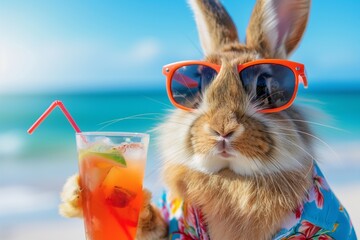 A close-up portrait photo of a cute fashionable rabbit wearing sunglasses and a Hawaiian shirt, with a beach in the background and a cocktail drink in its hand. Vacation concept. 