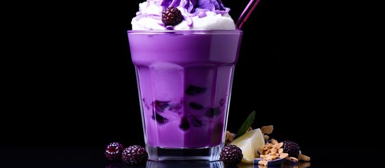 Wall Mural - tora with milk smoothie purple drink with ice cream black background. Creative banner. Copyspace image