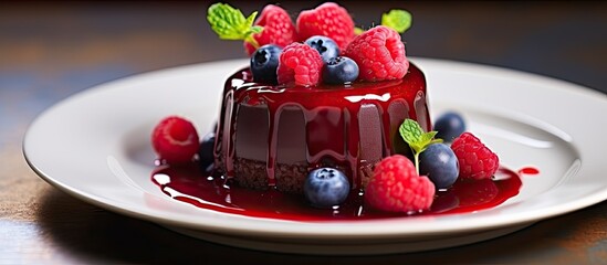 Wall Mural - Chocolate pannacotta with raspberries and blueberries. Creative banner. Copyspace image