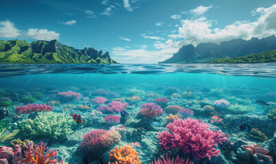 Wall Mural - Super realistic professional photo of the calm clean blue surface of the sea, with a beautiful and colorful coral reef.