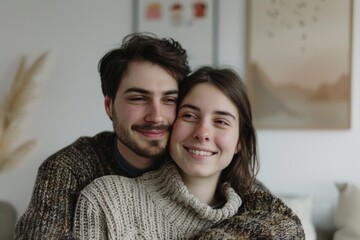 Wall Mural - Portrait of a cheerful couple in their 20s wearing a cozy sweater while standing against crisp minimalistic living room