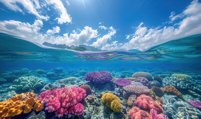 Wall Mural - Super realistic professional photo of the calm clean blue surface of the sea, with a beautiful and colorful coral reef.